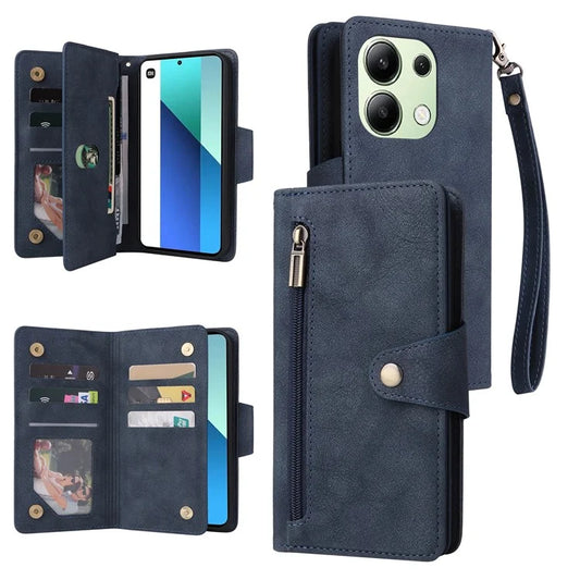 For Xiaomi Redmi Note 13 4G Phone Wallet Case Rivet Decor Leather Stand Cover