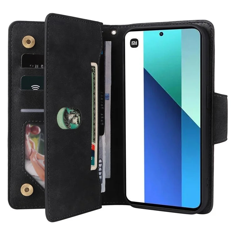 For Xiaomi Redmi Note 13 4G Phone Wallet Case Rivet Decor Leather Stand Cover