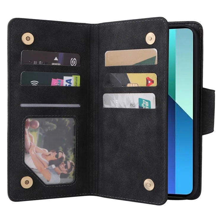 For Xiaomi Redmi Note 13 4G Phone Wallet Case Rivet Decor Leather Stand Cover