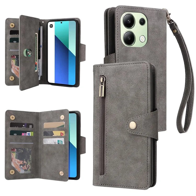 For Xiaomi Redmi Note 13 4G Phone Wallet Case Rivet Decor Leather Stand Cover