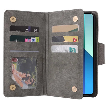 For Xiaomi Redmi Note 13 4G Phone Wallet Case Rivet Decor Leather Stand Cover