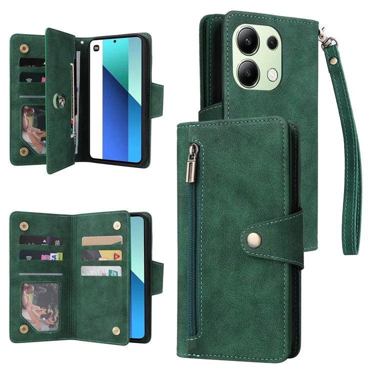 For Xiaomi Redmi Note 13 4G Phone Wallet Case Rivet Decor Leather Stand Cover