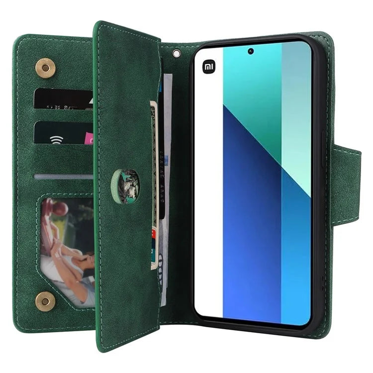 For Xiaomi Redmi Note 13 4G Phone Wallet Case Rivet Decor Leather Stand Cover