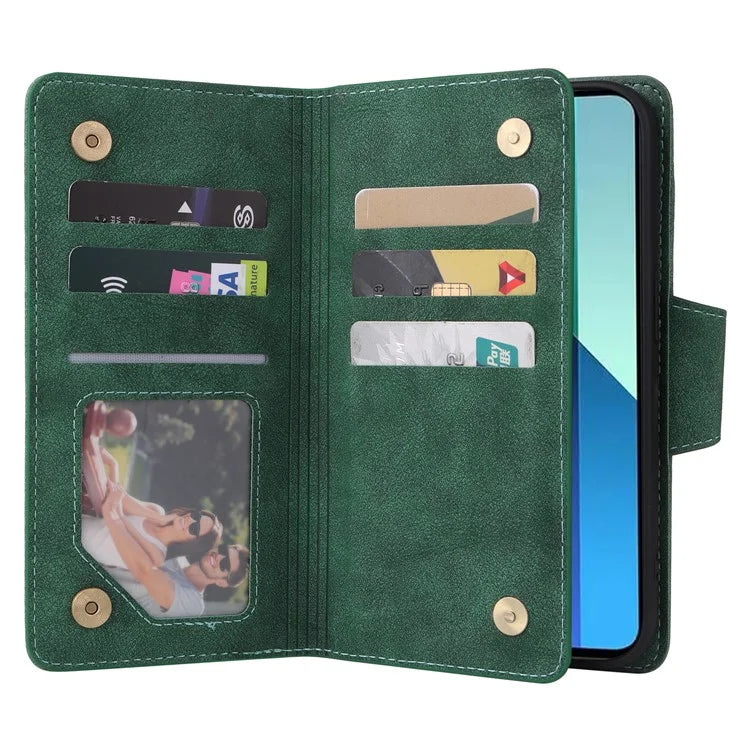 For Xiaomi Redmi Note 13 4G Phone Wallet Case Rivet Decor Leather Stand Cover
