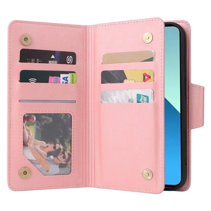 For Xiaomi Redmi Note 13 4G Phone Wallet Case Rivet Decor Leather Stand Cover