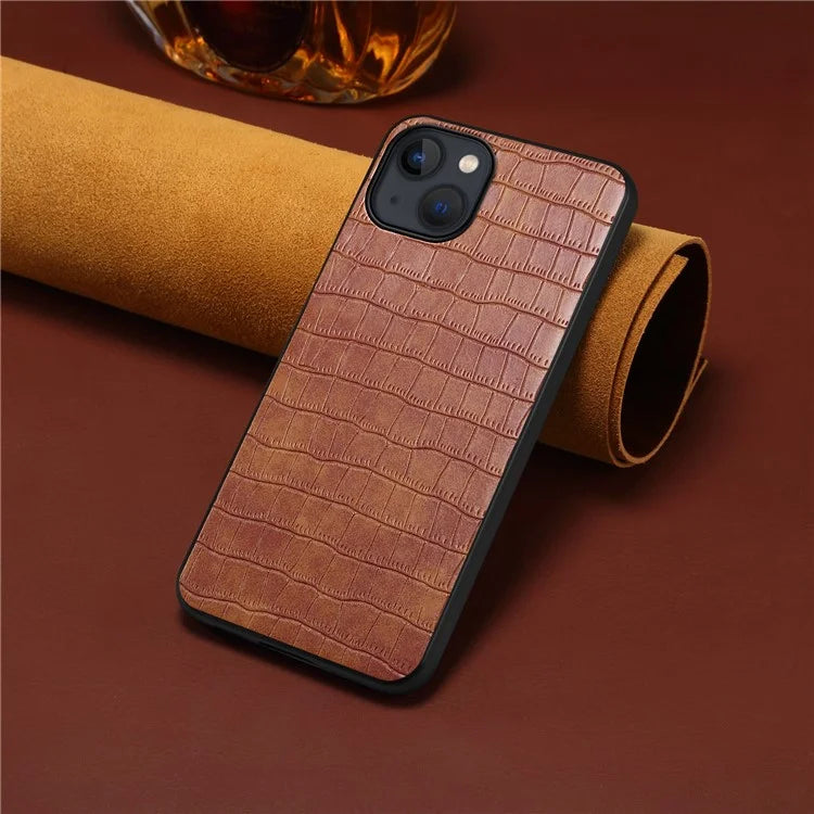 For iPhone 14 Cell Phone Cases Leather Coated PC+TPU Crocodile Texture Shell