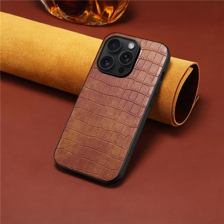 For iPhone 13 Pro Max Case Crocodile Textured Leather Covered Hybrid Slim Phone Case