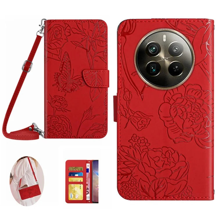 HT03 For Realme 12+ 5G Crossbody Case Leather Butterfly Flower Imprinted Phone Cover
