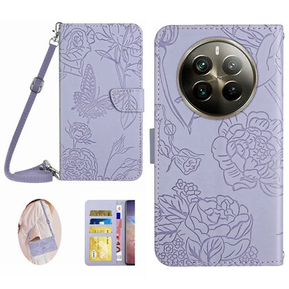 HT03 For Realme 12+ 5G Crossbody Case Leather Butterfly Flower Imprinted Phone Cover