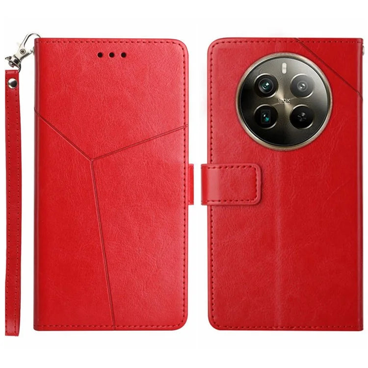 HT01 For Realme 12+ 5G Case Flip Wallet Leather Cover Y-shaped Lines Imprinted
