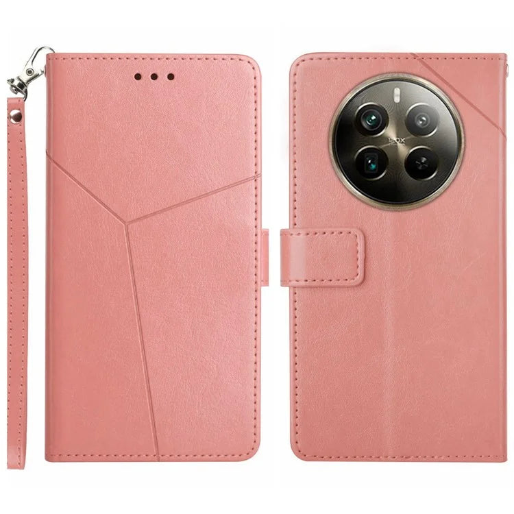 HT01 For Realme 12+ 5G Case Flip Wallet Leather Cover Y-shaped Lines Imprinted