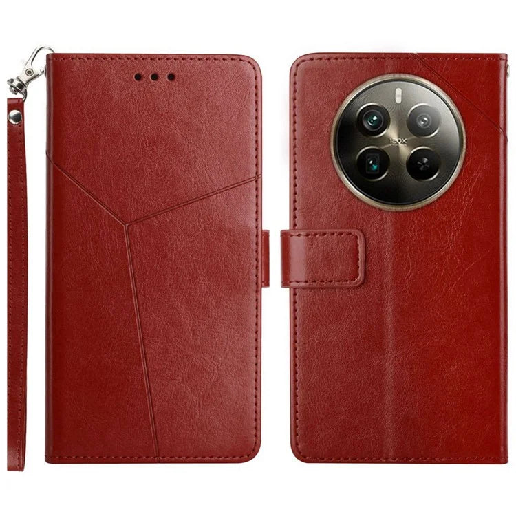 HT01 For Realme 12+ 5G Case Flip Wallet Leather Cover Y-shaped Lines Imprinted