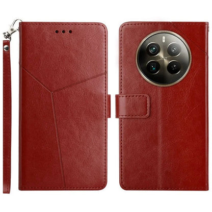 HT01 For Realme 12+ 5G Case Flip Wallet Leather Cover Y-shaped Lines Imprinted