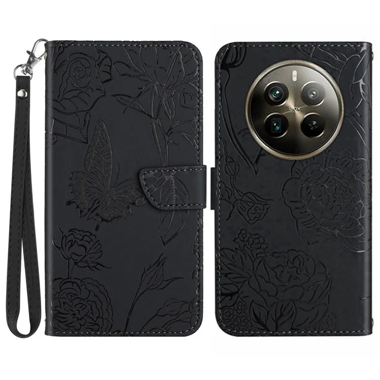 HT03 For Realme 12+ 5G Case Wallet Leather Flip Phone Cover with Hand Strap