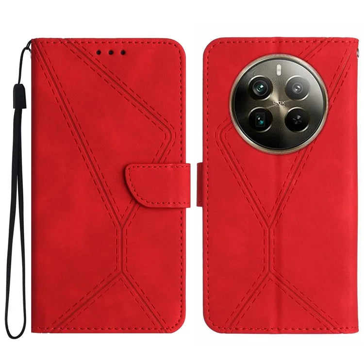 HT05 For Realme 12+ 5G Wallet Case PU Leather Stand Phone Cover Lines Imprinted