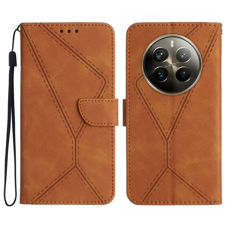 HT05 For Realme 12+ 5G Wallet Case PU Leather Stand Phone Cover Lines Imprinted