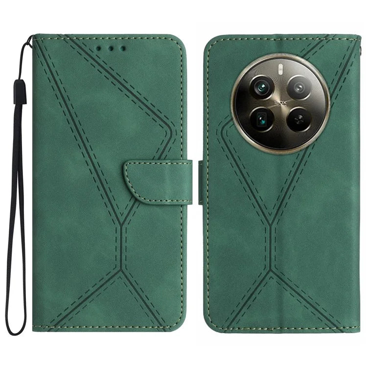 HT05 For Realme 12+ 5G Wallet Case PU Leather Stand Phone Cover Lines Imprinted