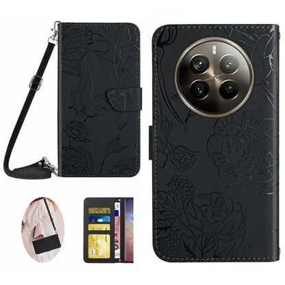 HT03 For Realme 12 Pro 5G / 12 Pro+ 5G Case Butterfly Flower Leather Phone Cover with Shoulder Strap