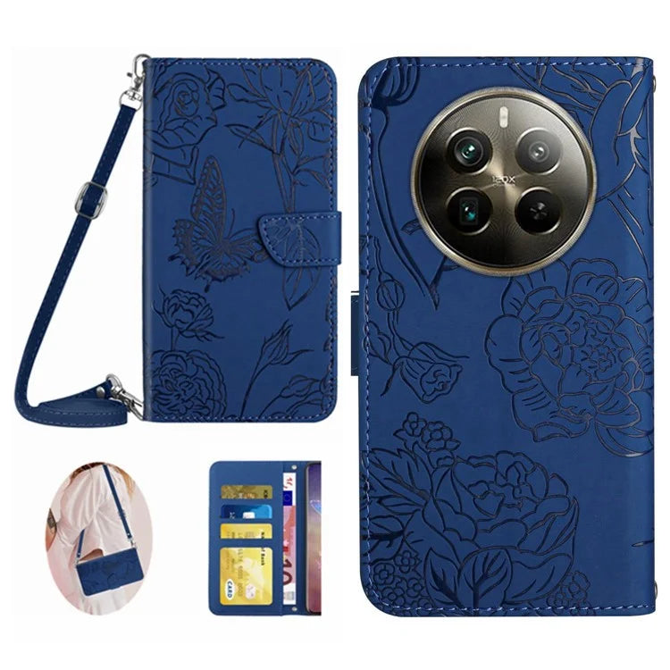 HT03 For Realme 12 Pro 5G / 12 Pro+ 5G Case Butterfly Flower Leather Phone Cover with Shoulder Strap