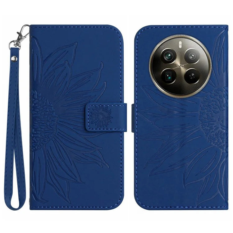 HT04 For Realme 12+ 5G Wallet Case Sunflower Leather Phone Cover with Hand Strap