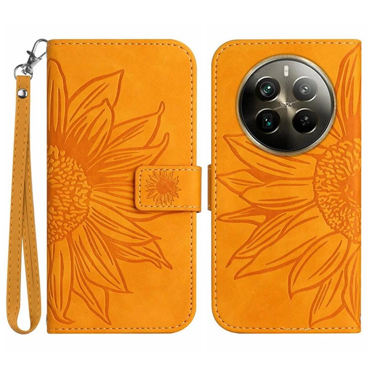 HT04 For Realme 12+ 5G Wallet Case Sunflower Leather Phone Cover with Hand Strap