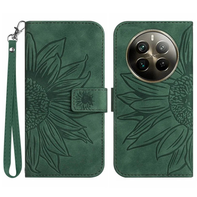 HT04 For Realme 12+ 5G Wallet Case Sunflower Leather Phone Cover with Hand Strap