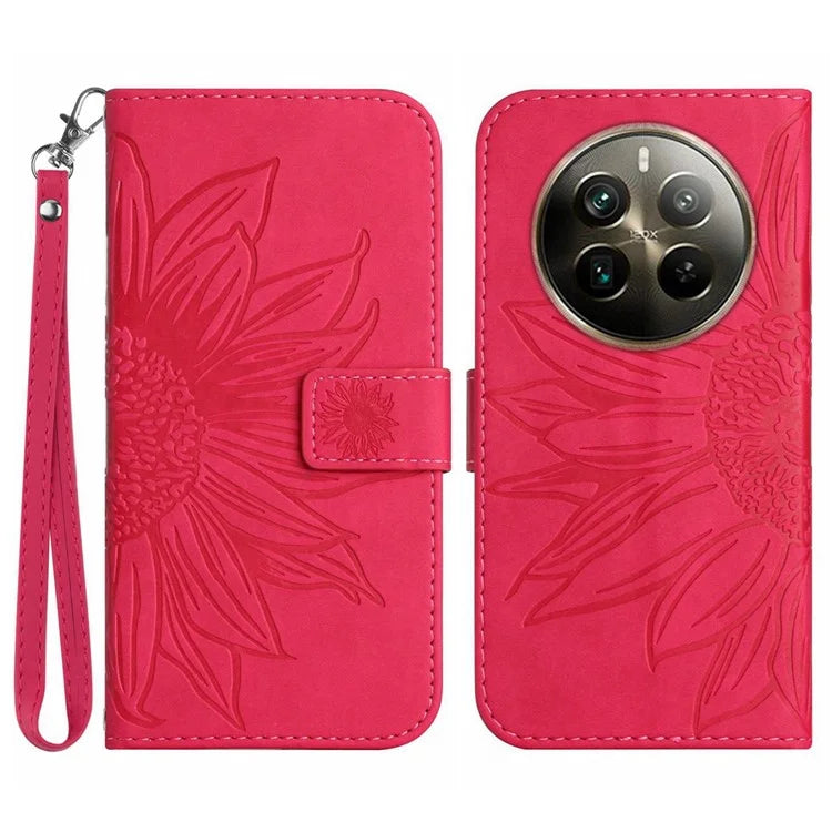 HT04 For Realme 12+ 5G Wallet Case Sunflower Leather Phone Cover with Hand Strap