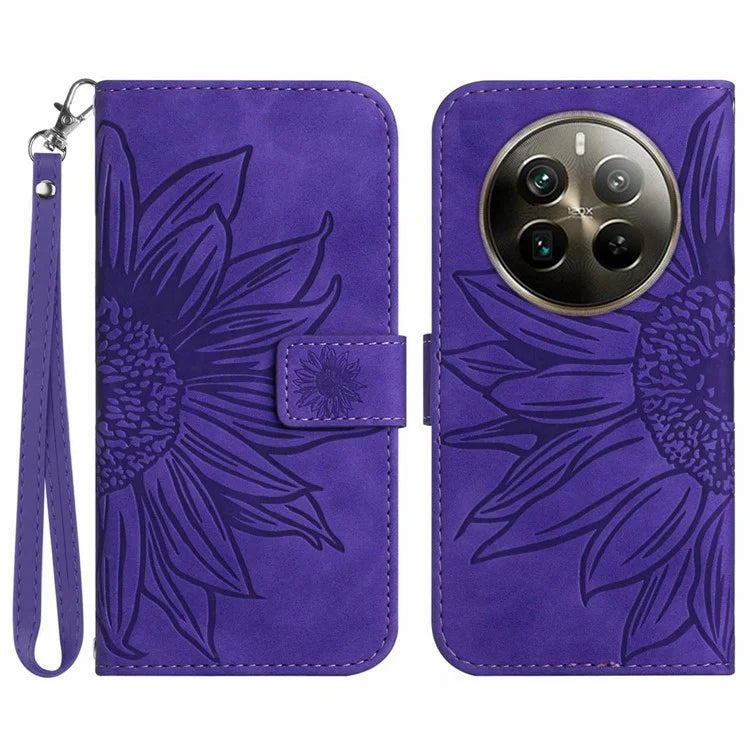 HT04 For Realme 12+ 5G Wallet Case Sunflower Leather Phone Cover with Hand Strap