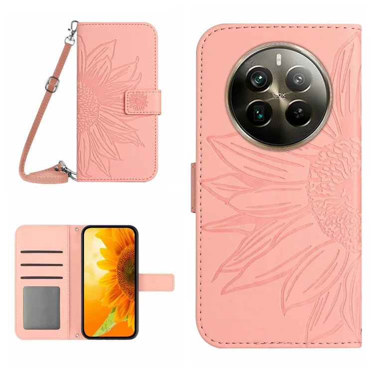 HT04 For Realme 12+ 5G Crossbody Case Sunflower PU Leather Flip Wallet Phone Cover