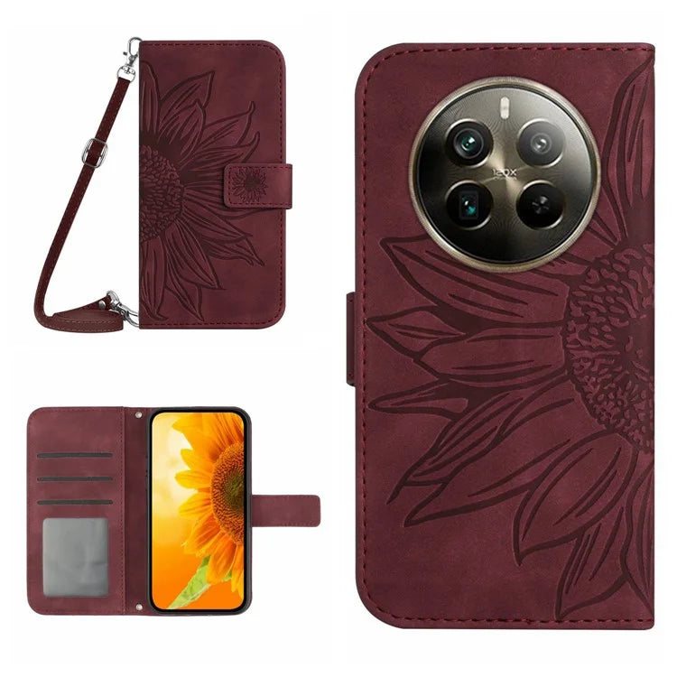 HT04 For Realme 12+ 5G Crossbody Case Sunflower PU Leather Flip Wallet Phone Cover