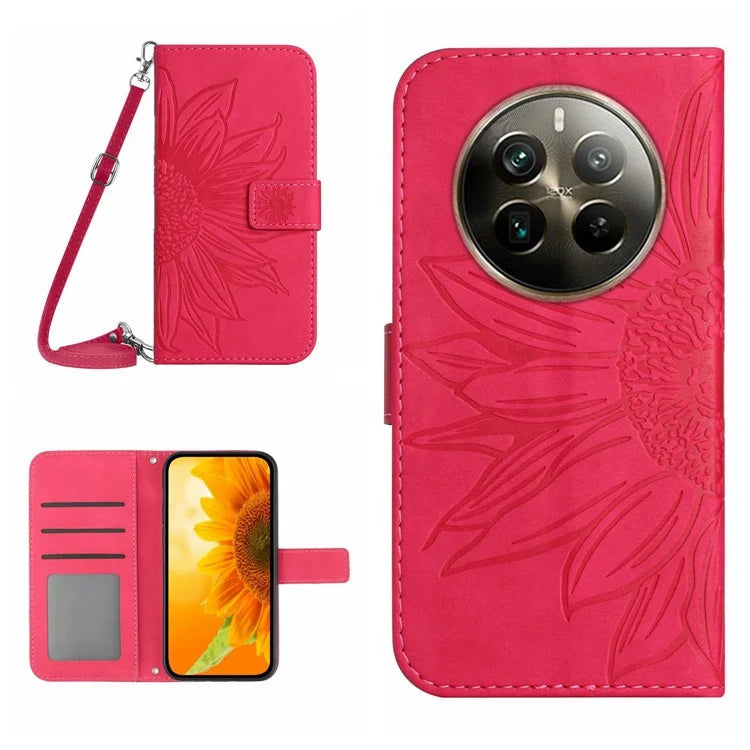 HT04 For Realme 12+ 5G Crossbody Case Sunflower PU Leather Flip Wallet Phone Cover