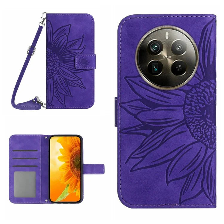 HT04 For Realme 12+ 5G Crossbody Case Sunflower PU Leather Flip Wallet Phone Cover