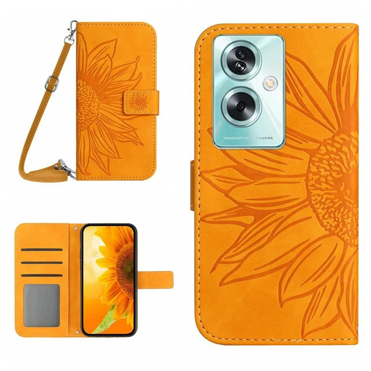 HT04 For Oppo Reno11 F 5G / F25 Pro 5G Case with Shoulder Strap Sunflower PU Leather Flip Phone Cover