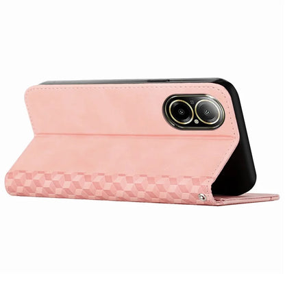 For Realme C67 4G Leather Case Splicing Rhombus Pattern Magnetic Phone Cover