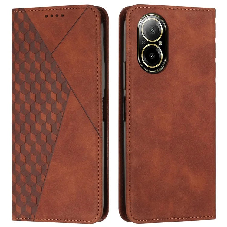 For Realme C67 4G Leather Case Splicing Rhombus Pattern Magnetic Phone Cover