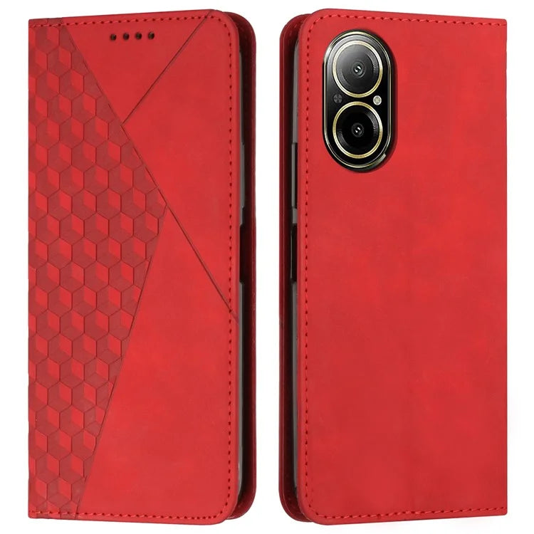 For Realme C67 4G Leather Case Splicing Rhombus Pattern Magnetic Phone Cover