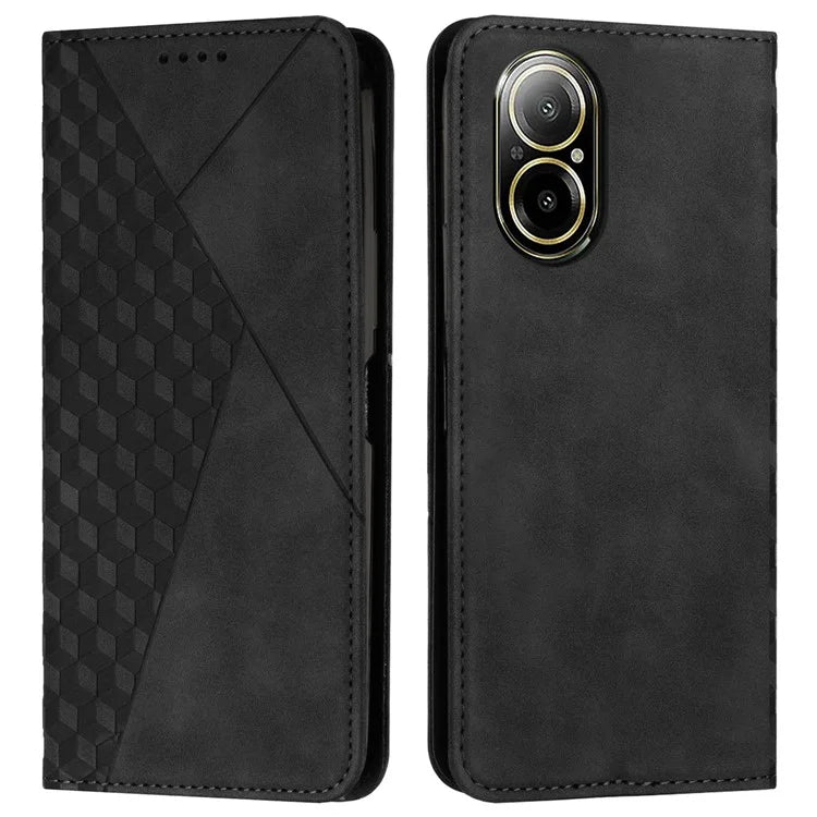 For Realme C67 4G Leather Case Splicing Rhombus Pattern Magnetic Phone Cover