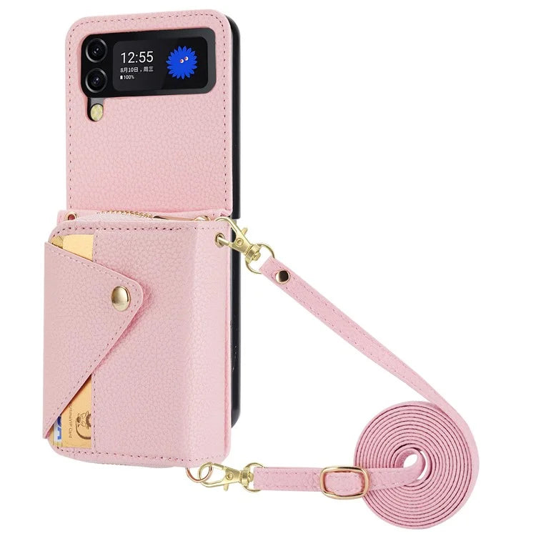 For Samsung Galaxy Z Flip4 5G Case PU Leather Zipper Purse Crossbody Phone Cover