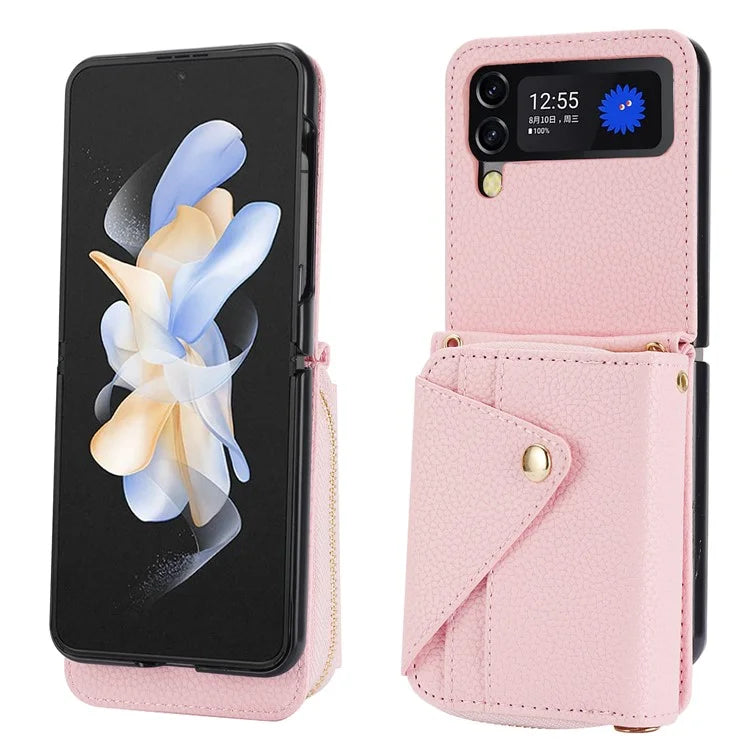 For Samsung Galaxy Z Flip4 5G Case PU Leather Zipper Purse Crossbody Phone Cover