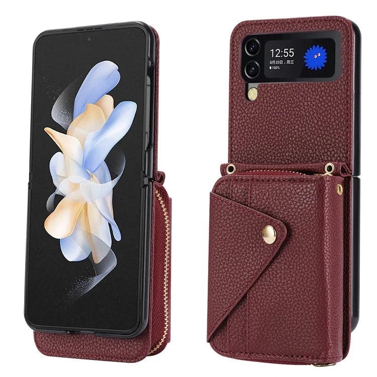 For Samsung Galaxy Z Flip4 5G Case PU Leather Zipper Purse Crossbody Phone Cover