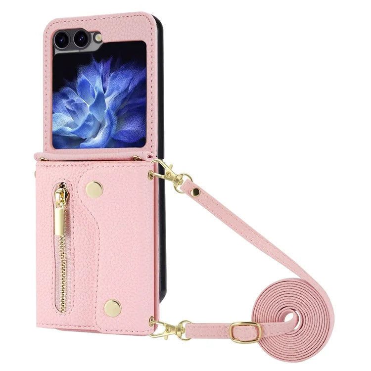 For Samsung Galaxy Z Flip5 5G Case Card Holder Crossbody Phone Purse Leather Back Cover