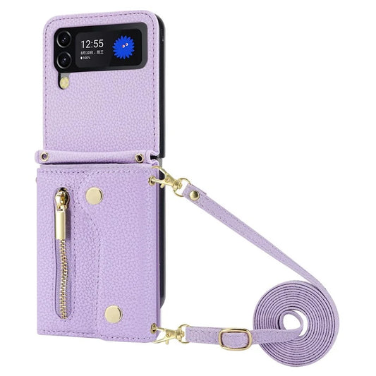 For Samsung Galaxy Z Flip4 5G Back Case PU Leather Zipper Wallet Phone Cover with Shoulder Strap