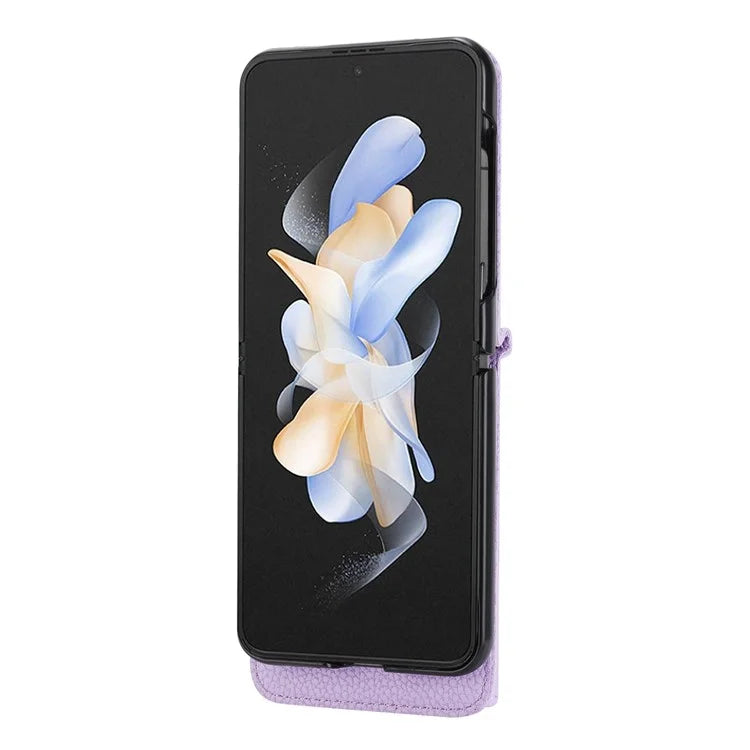 For Samsung Galaxy Z Flip4 5G Back Case PU Leather Zipper Wallet Phone Cover with Shoulder Strap