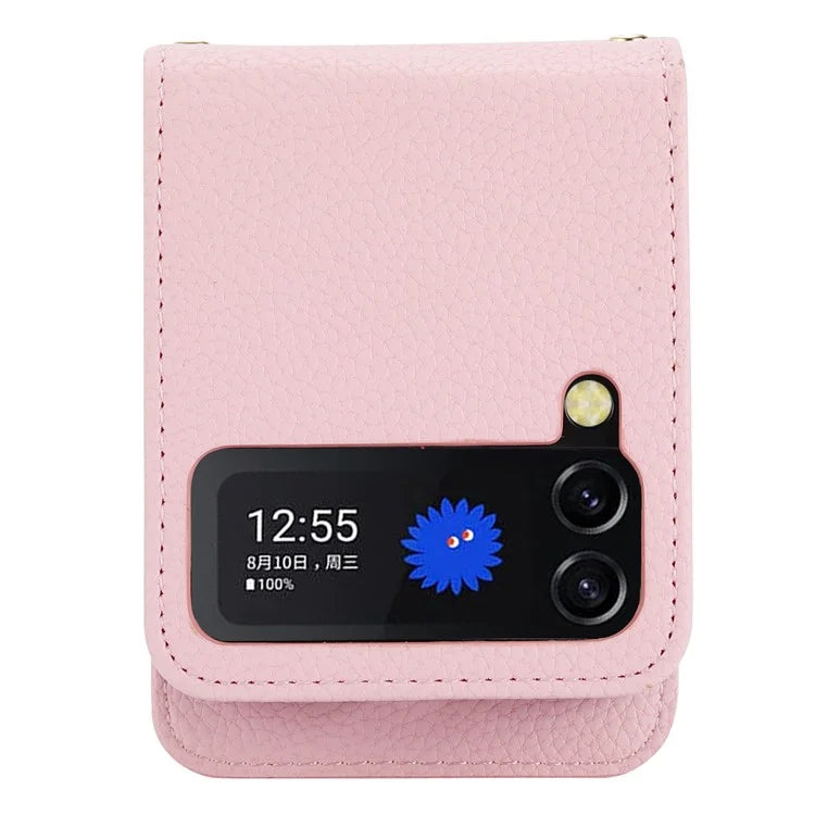 For Samsung Galaxy Z Flip4 5G Back Case PU Leather Zipper Wallet Phone Cover with Shoulder Strap