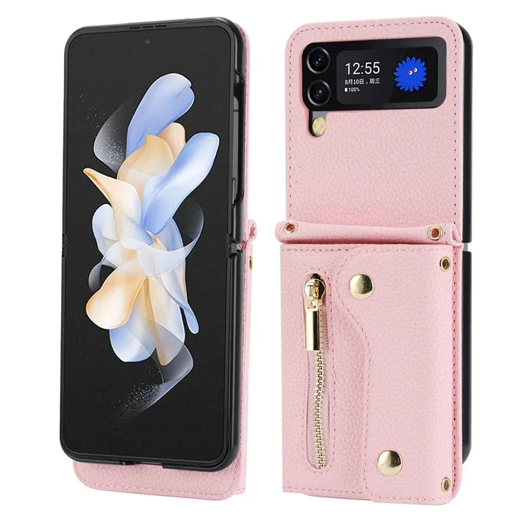 For Samsung Galaxy Z Flip4 5G Back Case PU Leather Zipper Wallet Phone Cover with Shoulder Strap