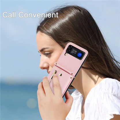 For Samsung Galaxy Z Flip4 5G Back Case PU Leather Zipper Wallet Phone Cover with Shoulder Strap