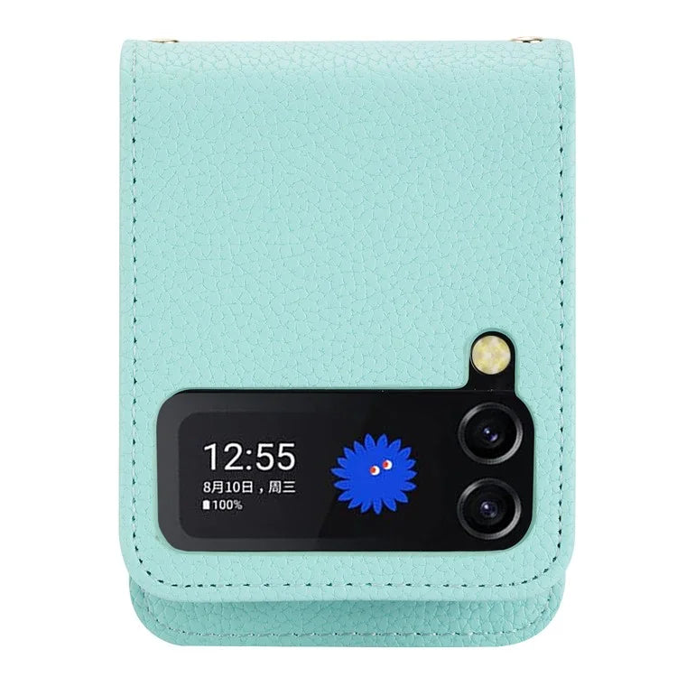 For Samsung Galaxy Z Flip4 5G Back Case PU Leather Zipper Wallet Phone Cover with Shoulder Strap