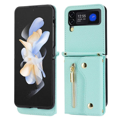For Samsung Galaxy Z Flip4 5G Back Case PU Leather Zipper Wallet Phone Cover with Shoulder Strap