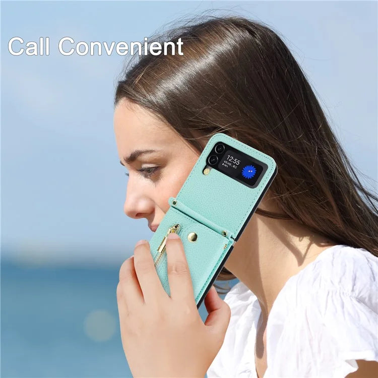 For Samsung Galaxy Z Flip4 5G Back Case PU Leather Zipper Wallet Phone Cover with Shoulder Strap