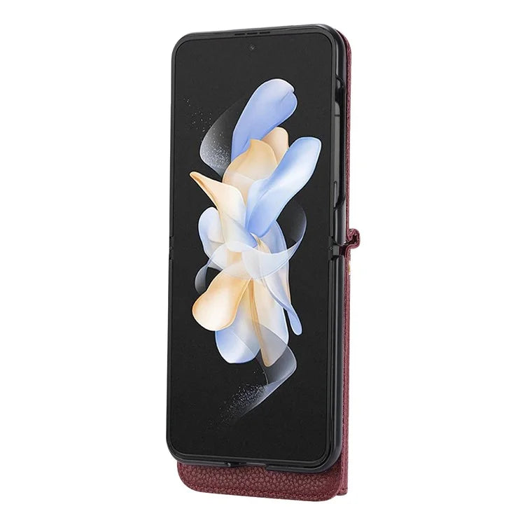 For Samsung Galaxy Z Flip4 5G Back Case PU Leather Zipper Wallet Phone Cover with Shoulder Strap